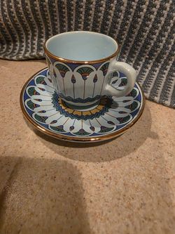 Egyptian Demitasse Cup, Saucer & Plate Set, Papyrus Fan