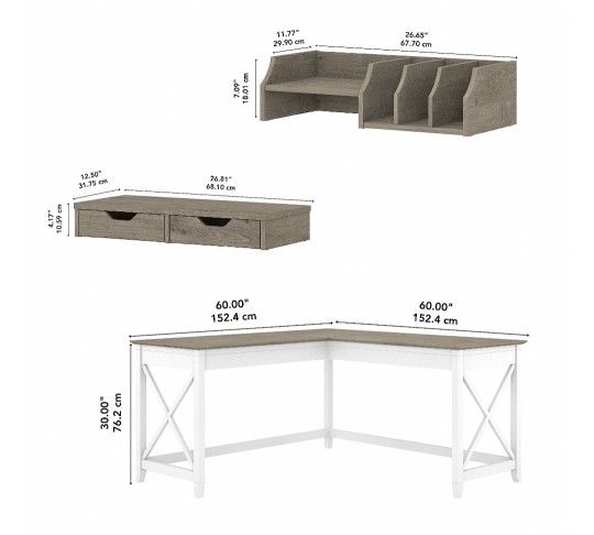 Bush Furniture Key West 60" L Shaped Desk, Pure White & Shiplap Gray with organizers