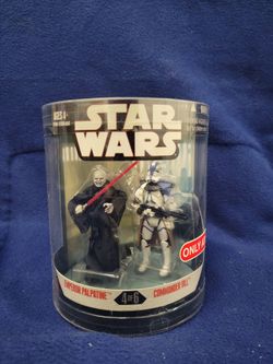 STAR WARS - Emperor Palpatine (with a red lightsaber) and Clone Commander Vill (leader of the 501st Legion).