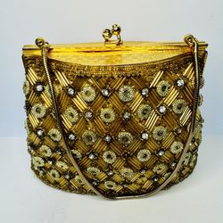 Vintage Gold Beaded Handbag Clutch Evening Purse Made In Hong Kong Hand Made