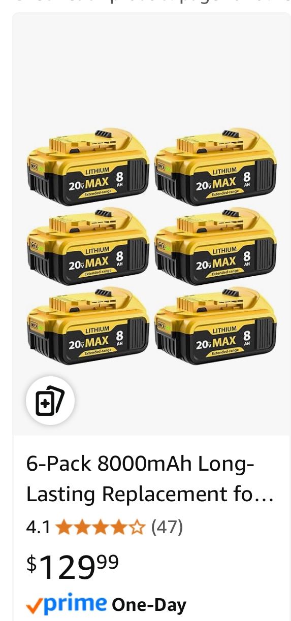 6-Pack 8000mAh Long-Lasting Replacement for Dewalt 20V Max Battery Compatible with Dewalt 20V Battery DCB200 DCB201 DCB203 DCB205 DCB206 Works with 20