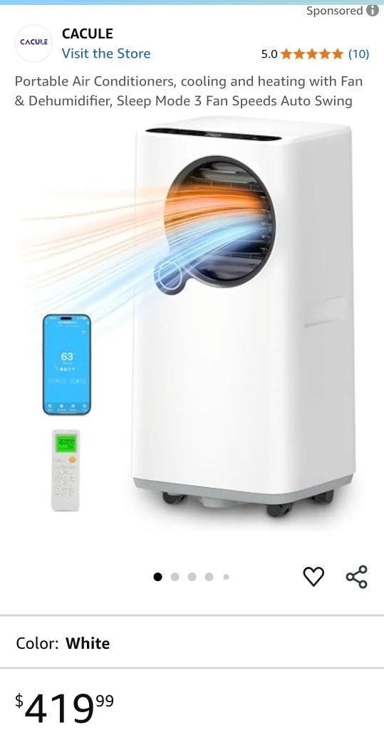 Portable Air Conditioners, cooling and heating with Fan & Dehumidifier, Sleep Mode 3 Fan Speeds Auto Swing