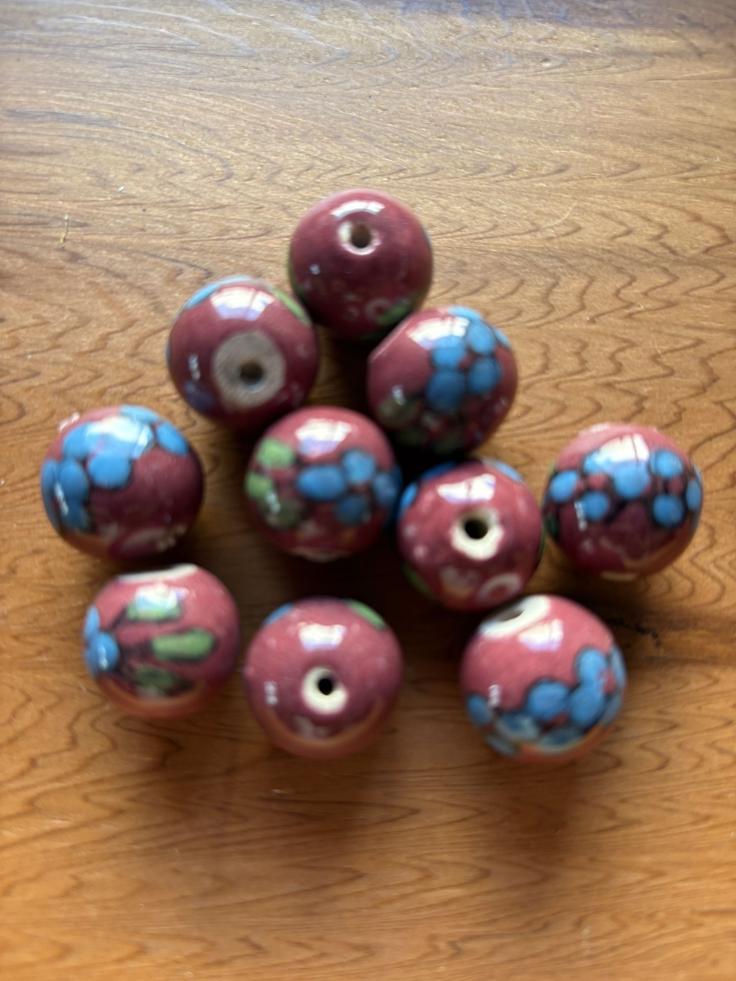 Chunky Glazed Floral Porcelain Beads Large Hole (≈4–5 mm) Berry Red & Blue (x10)