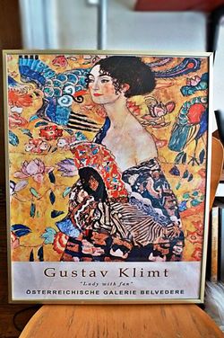 Lady with Fan by Gustav Klimt Gold Metal Framed Canvas - 20" x 16" 
