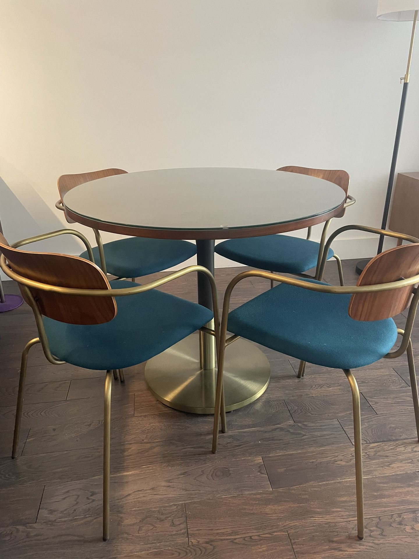 West Elm's Orbit Restaurant Dining Table - Wood - Round - 36”Diameter Bronze/Brass With Glass Table Cover Included
