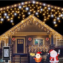 (New in Box) 
Ollny Icicle Lights for Outside 486LED 40FT, Warm White with Twinkling Cool White Christmas Light, Plug in Connectable Waterproof Hangin
