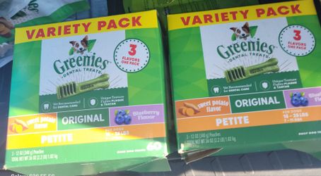 2 boxes of Greenies Dog Treats. Each box has 60 treats