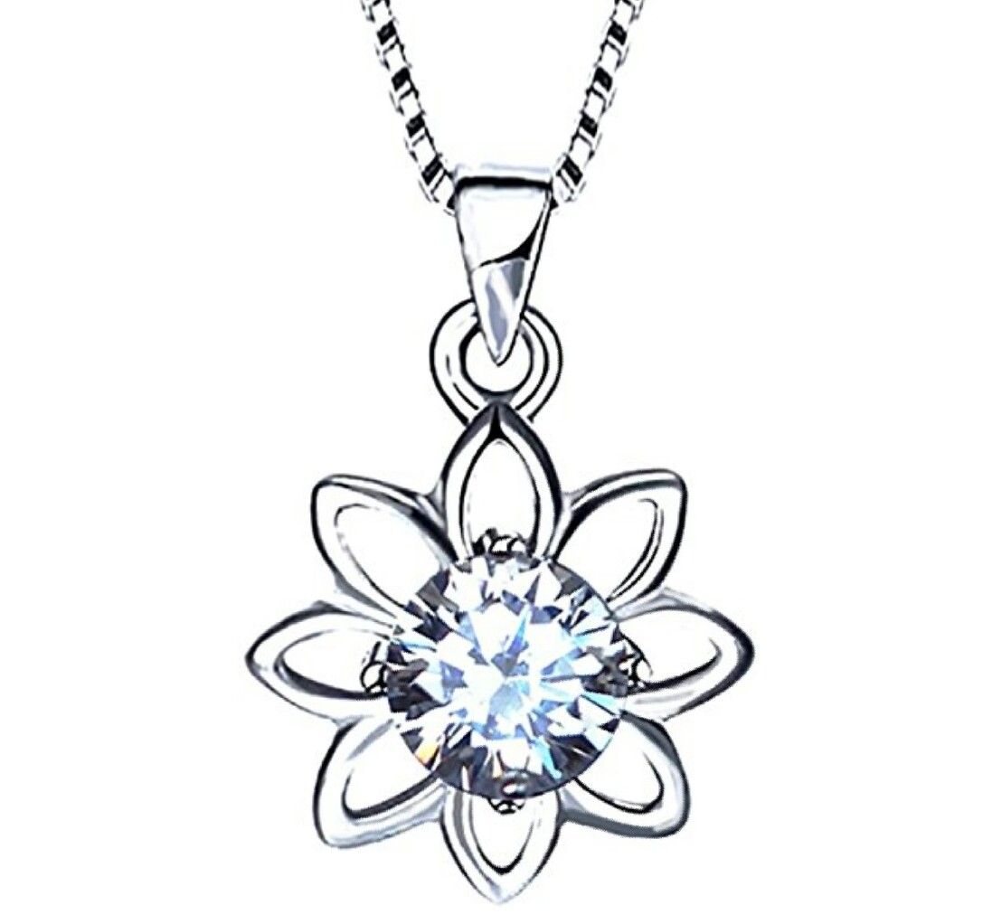 18k Gold Plated 925 Sterling Silver CZ Flower Pendant Necklace 18"