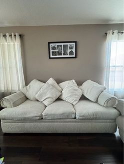 2 Cream Fabric 3-Seat Sofa with Pillows