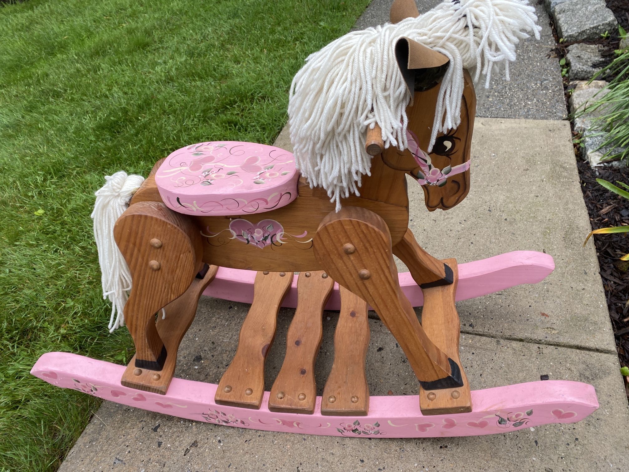 Wooden Rocking Hobby Horse Wood Pink Hearts and Roses Décor
