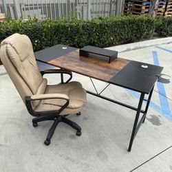 New In Box 55x24x30 Inch Tall Computer Desk Table With PU Leather Khaki Color Office Chair Combo 