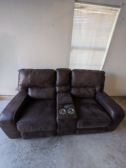 Modern Dark Brown Leather(like) Power Reclining Loveseat with Console & Tech Charging