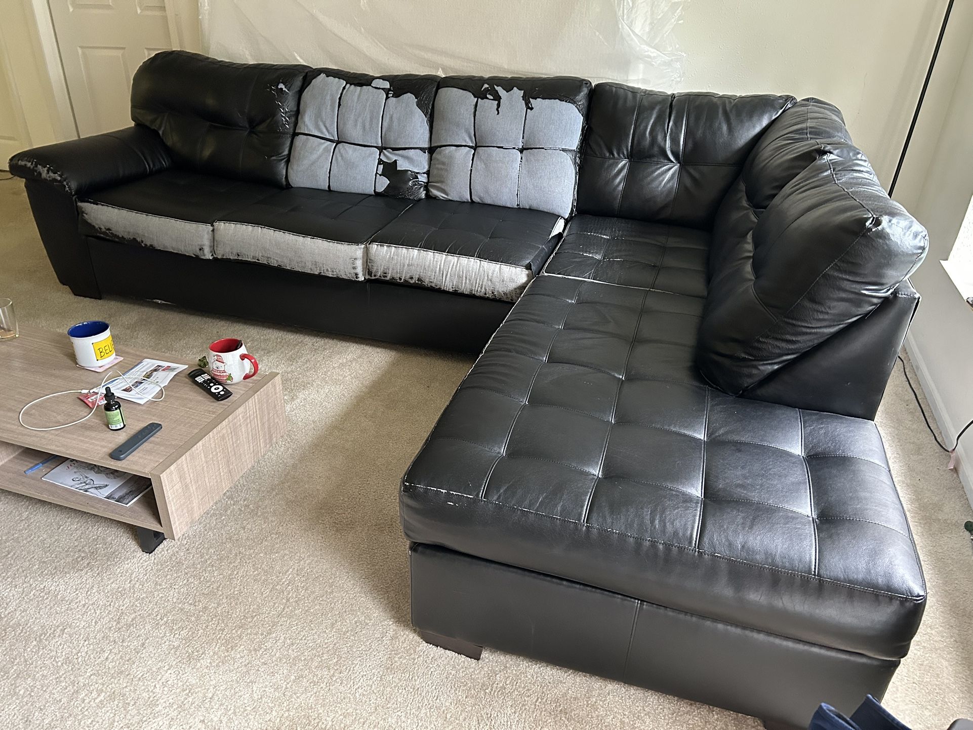 Black Faux Leather Sectional Sofa – L-Shaped
