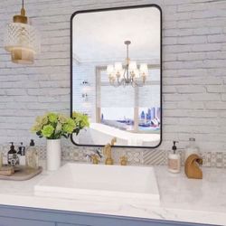 Black Bathroom Mirror for Wall, 20x28 Inch Metal Framed Rounded Rectangle Mirror, Wall-Mounted Bathroom Vanity Mirror for Over Sink, Matte Black Wall 