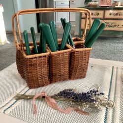 Vintage green handle Silverware set and wicker organizer