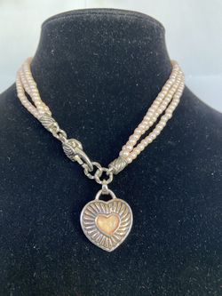 Vintage Designer Triple Strand Pearls With Heart Shaped Pendant 