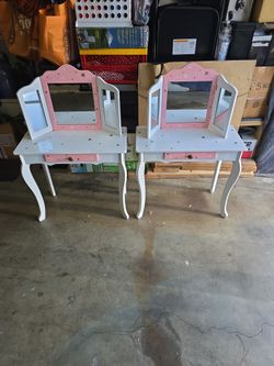 2x Wooden Play Vanity Table, Tri-Fold Mirror, Storage Drawer