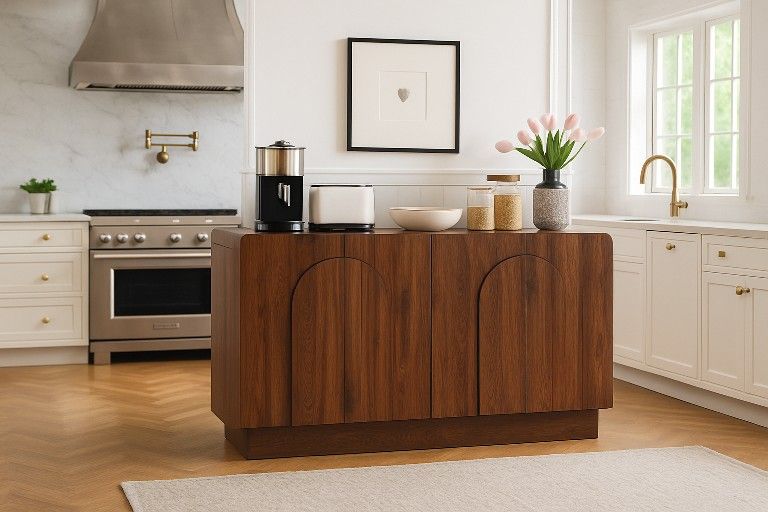 Buffet Cabinet with Storage, Farmhouse Curved Design Accent Cabinet with 4 Doors & Adjustable Shelves, Modern Coffee Bar Credenza for Living Room, Kit