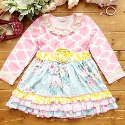SIZE 7-8 GIRLS BOUTIQUE MULTICOLOR FLORAL & PRINT RUFFLES & CROCHET  BABYDOLL LONG TUNIC
