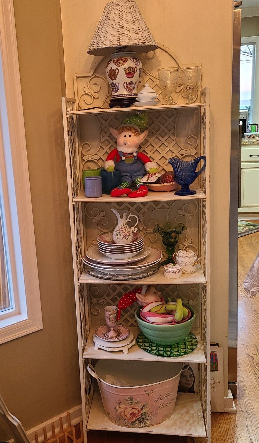 Shabbychic white folding bookcase Christmas village storage shelf console