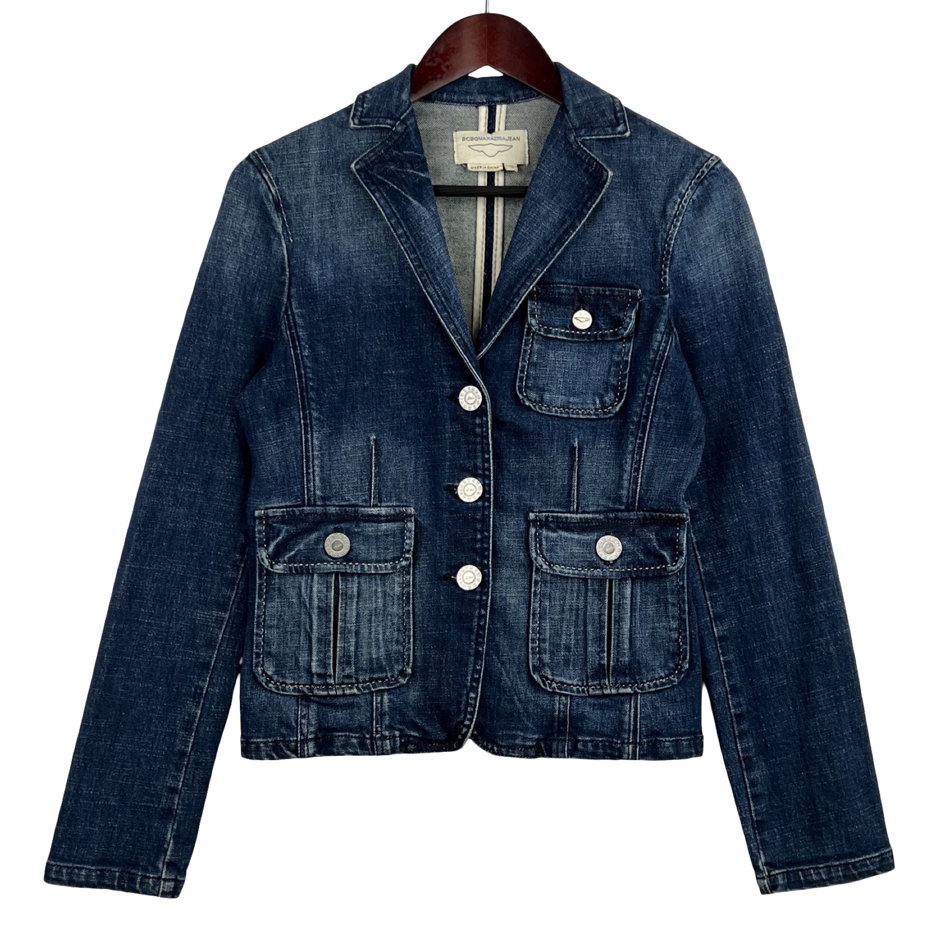 BCBG Max Azria Women’s Denim Jeans Pockets Cotton Stretch Button Jacket