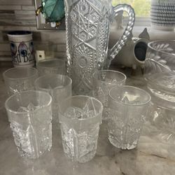 Heavy Crystal Pitcher and 7 matching glasses
