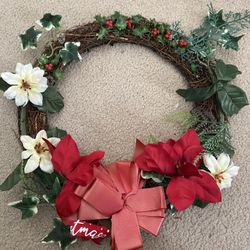 Christmas Wreath with Flowers and Bow