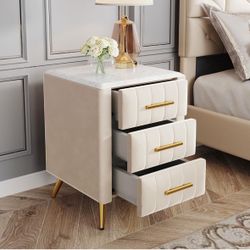 Upholstered Wooden Nightstand with 3 Drawers and Metal Legs, Bedside Table with Marbling Worktop and Metal Handles, Modern Bedroom Set for Bedroom (Be