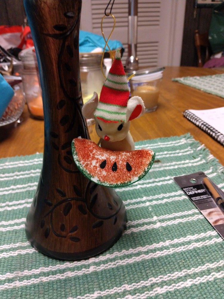 Vintage Christmas Mouse Eating His Watermelon