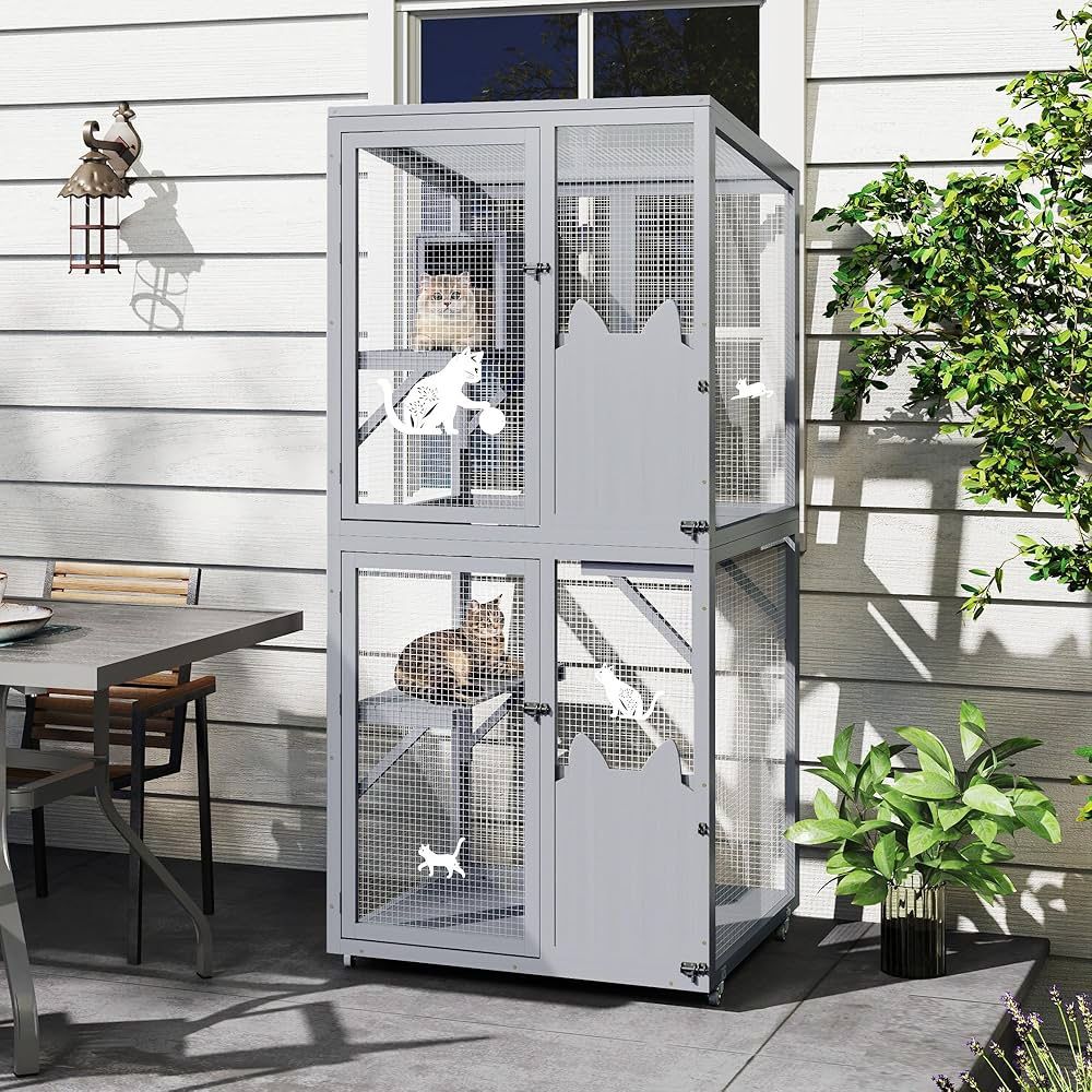 Catio Outdoor Cat Enclosure Window Access, Outdoor Cat House with Wheels, Cage f