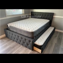 Full Twin Grey Frenchi Trundle Bed With Ortho Mattress Included 