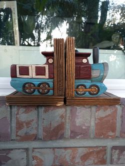 Vintage 7x12" solid wood train bookends