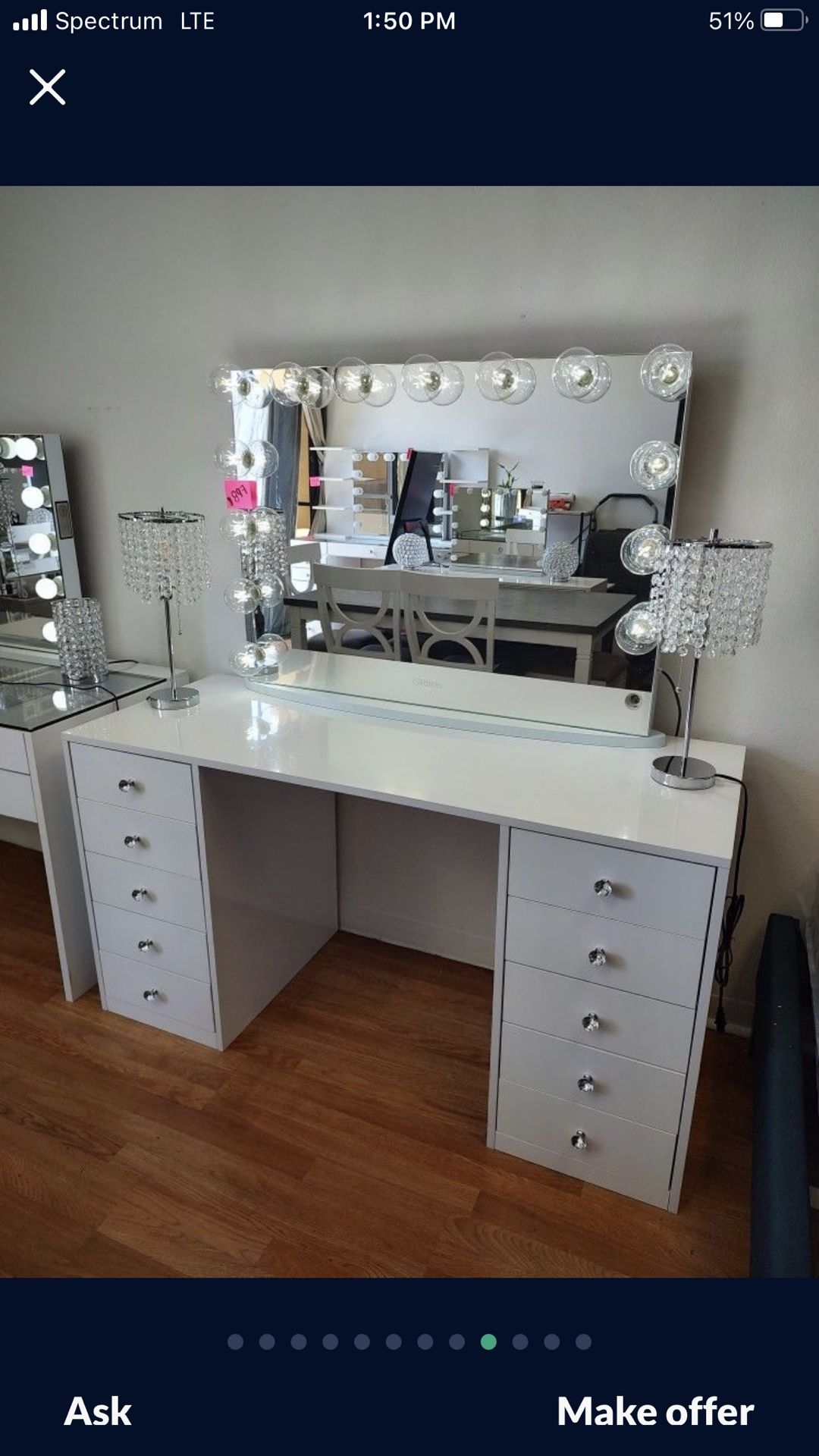Brand New Vanity Set Solid Wood Diamond Knobs Large Drawers Smooth Rails 59 x 23 1/2 x 31H Hollywood Mirror 15 LED Builbs Adjustable Brightness Mirro