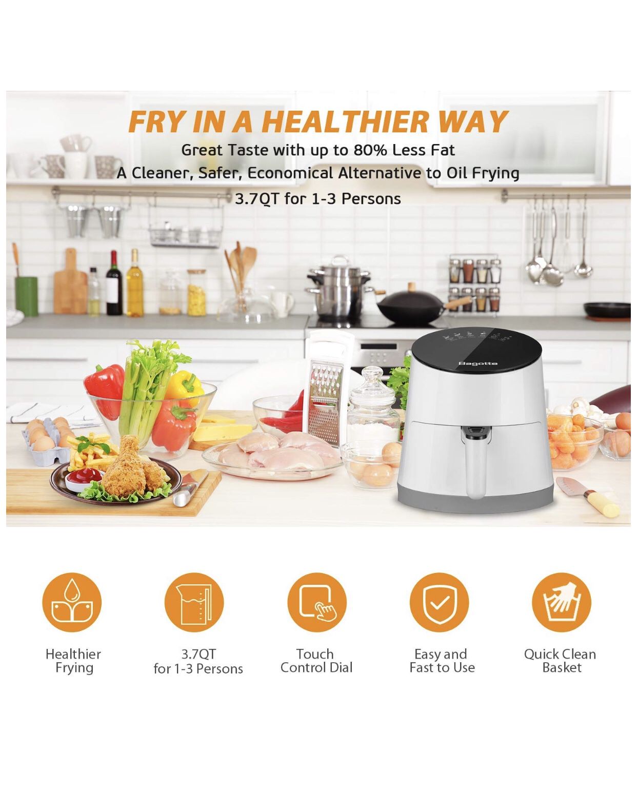 Air Fryer, 3.7QT Oilless Electric Hot AirFryer with Full Touch Screen, 1500W Auto Off and Memory Function, Detachable Basket Dishwasher Safe, 6 Cooki