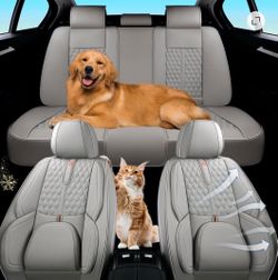 Car Seat Cover for Hyundai Kona 2018-2026 Waterproof PU Leather Full Set Light Gray 5 Seats Cushion Lumbar Support Heavy Duty Wear Resistant Breathabl