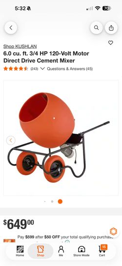 KUSHLAN
6.0 cu. ft. 3/4 HP 120-Volt Motor Direct Drive Cement Mixer