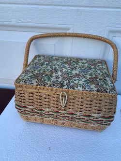 Wicker Woven Sewing Box Basket W/ Notions, Thread, Needles- Vintage Tapestry Lid