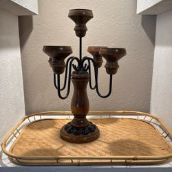 Vintage Wooden & Wrought Iron 5-Arm Candelabra