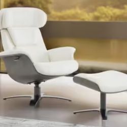 Theo Genuine Leather Recliner Swivel Chair with Ottoman and Adjustable Headrest for Living Room in White