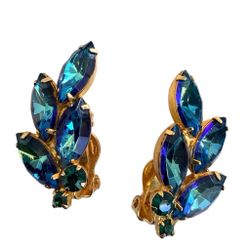 Vintage Blue-Teal Rhinestone Clip-On Earrings