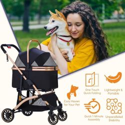 Pet Stroller W/4 Wheels, Dog Stroller With Detachable Carrier One Click Folding Pet Travel Carrier