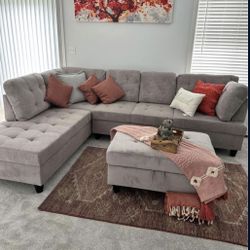 COSTCO Grey Chenille Sectional Couch And Ottoman