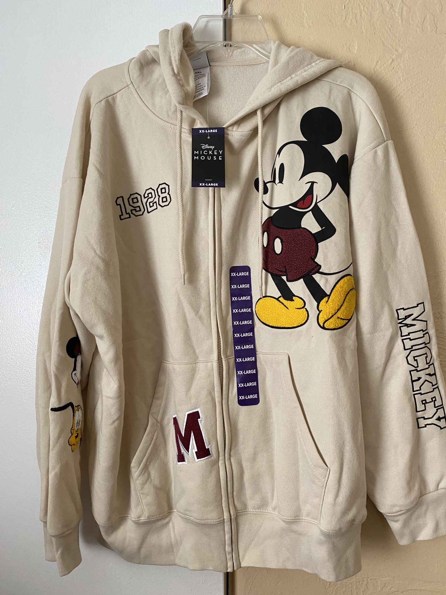 One Disney Mickey Mouse Women's - Size: X-Large, Full Zip Sweatshirt Hoodie Chenille Patches For $25- NEW