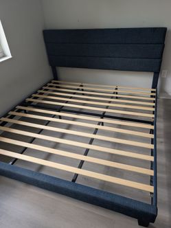 King Size Platform Bed Frame with Fabric Upholstered Headboard and Wooden Slats Support, Fully Upholstered Mattress Foundation/No Box Spring Needed/Ea