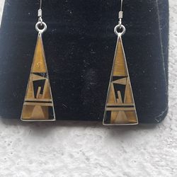 HandCrafted Sterling Silver Dangle Earrings Signed Tiger Eye  / Black Onyx