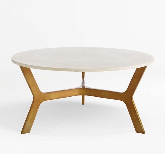 Crate and Barrel Elke Round Marble Coffee Table with Brass Base