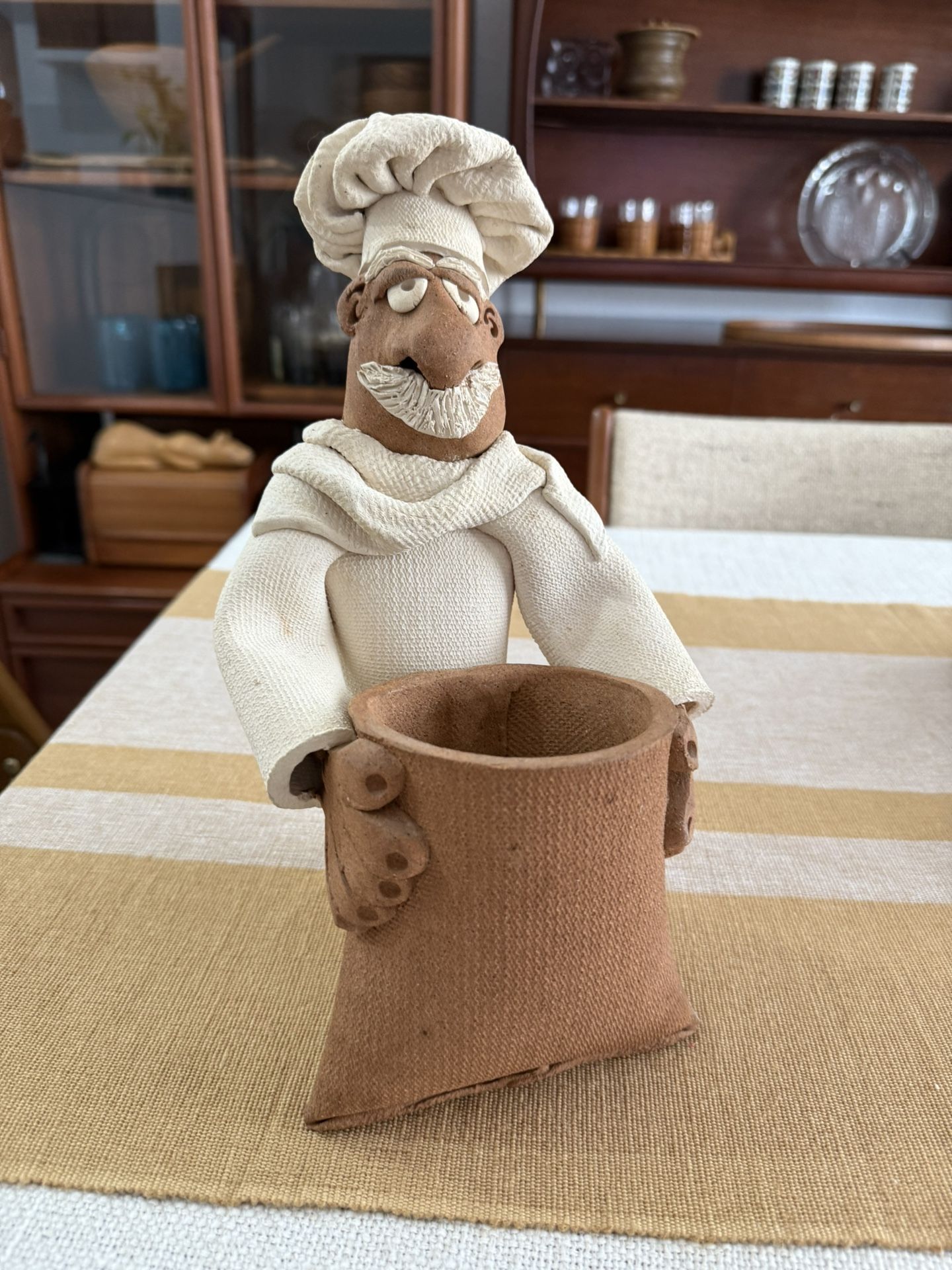 Clay pottery utensil holder man chief big nose mustache folkart sculpture figure