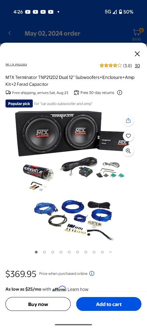 MTX Terminator TNP212D2 Dual 12” Subwoofers+Enclosure+Amp Kit+2 Farad Capacitor