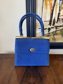Vintage 1950’s Bright Blue Handbag - Gold Accents - Locks - Blue Suede