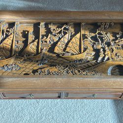 Antique 60" x 20" x 16" Glass-top Teakwood Coffee Table, Eastern Asian Furniture